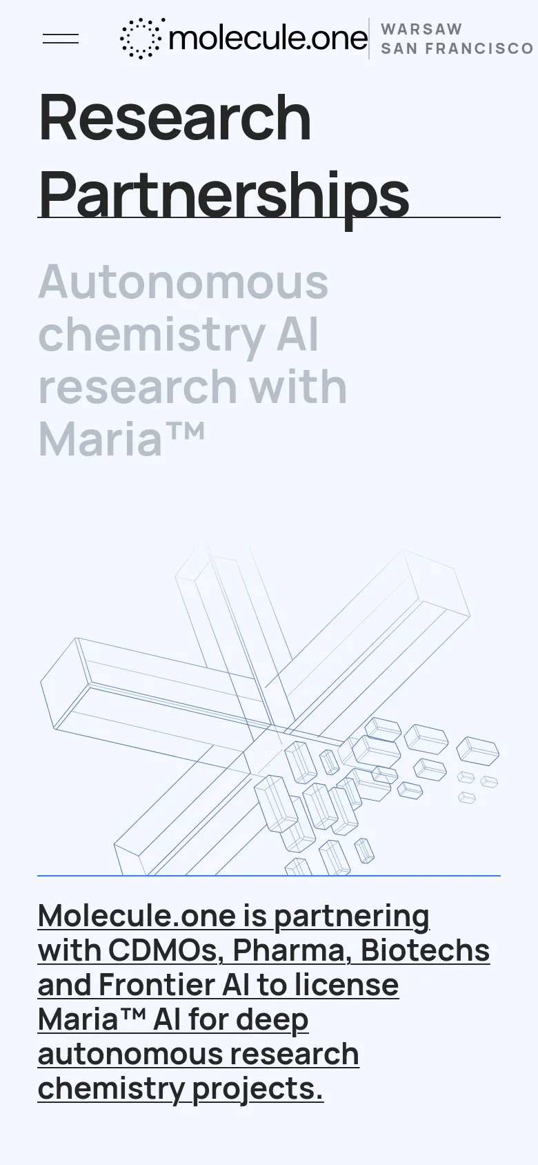 The mobile version uses a single-column vertical layout on a white background. The headline 'Research Partnerships' and subheadline appear at the top, followed by a large wireframe illustration of geometric shapes, and the descriptive text block is positioned below the image.