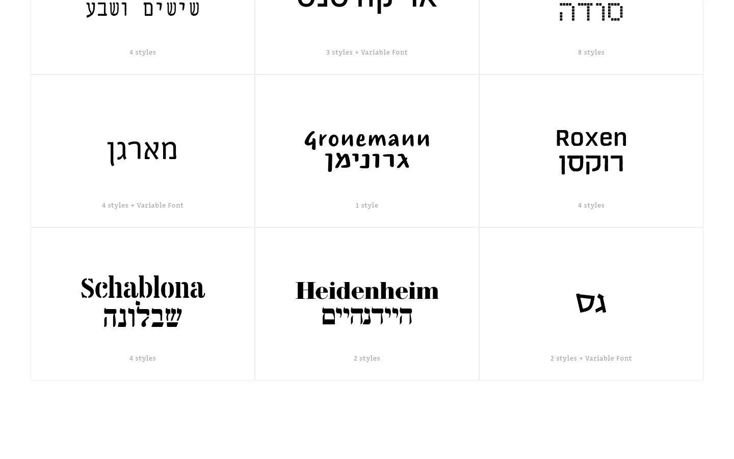 The desktop page displays a font library with a sidebar on the left containing multiple expandable filter categories like Category, Collections, and Scripts. The main content area features a grid of font previews, each showing a sample word in its respective typeface alongside the number of available styles. The design is minimalist with a white background and black text.