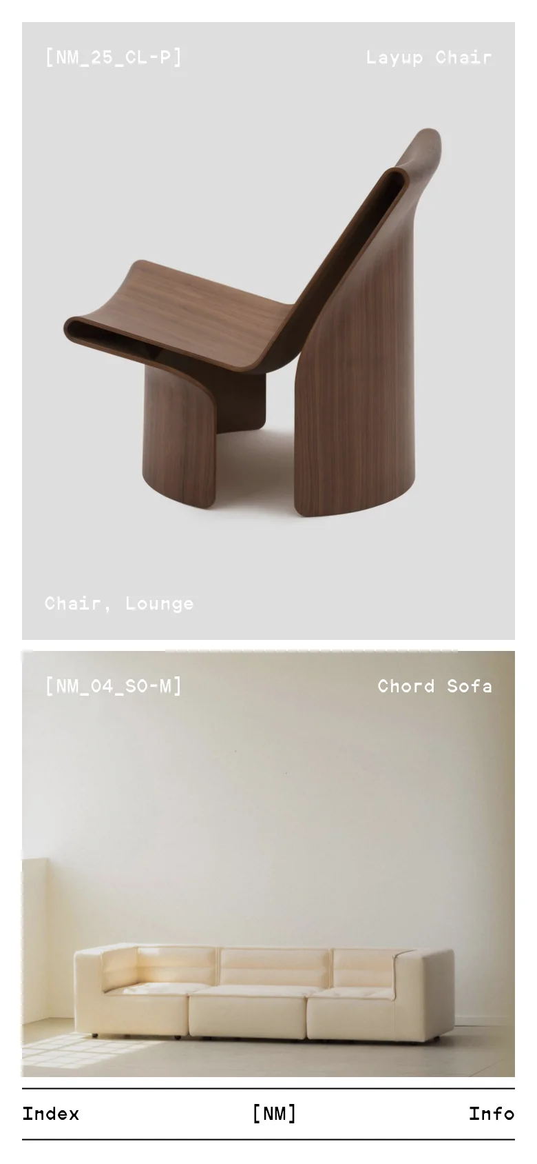 The mobile version presents a single-column vertical scroll of large, full-width product images, emphasizing the visual details of each design piece. The metadata and project details are stacked vertically beneath each image, and the bottom navigation bar remains fixed for easy access.