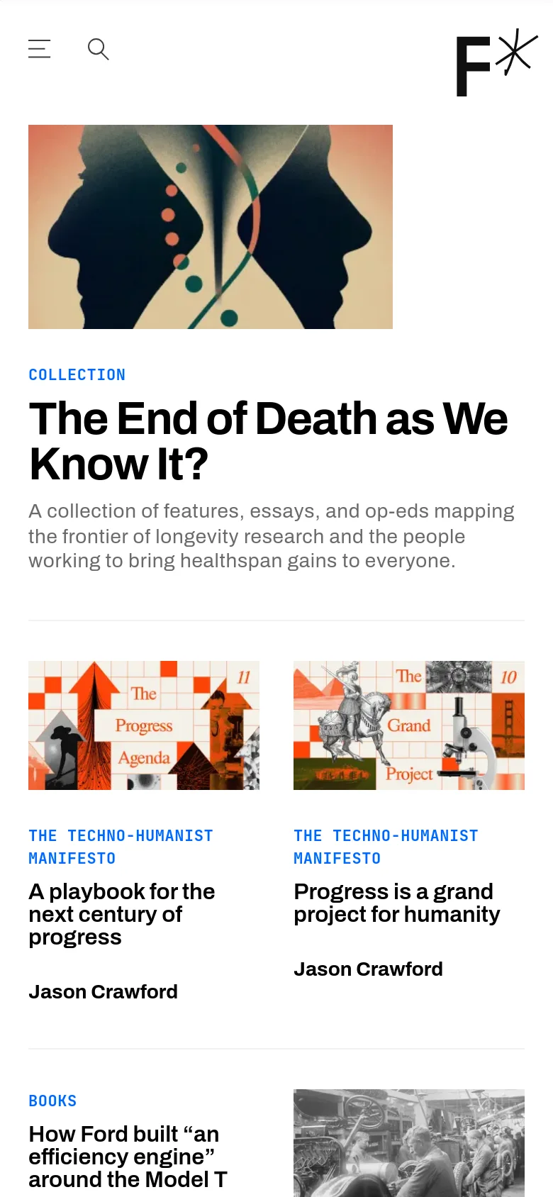 The mobile version uses a single-column vertical layout optimized for scrolling. The large hero illustration and headline 'The End of Death as We Know It?' dominate the top, followed by stacked article cards with smaller thumbnails and text. The 'Latest Popular' sidebar from the desktop version is removed to prioritize the main content feed.
