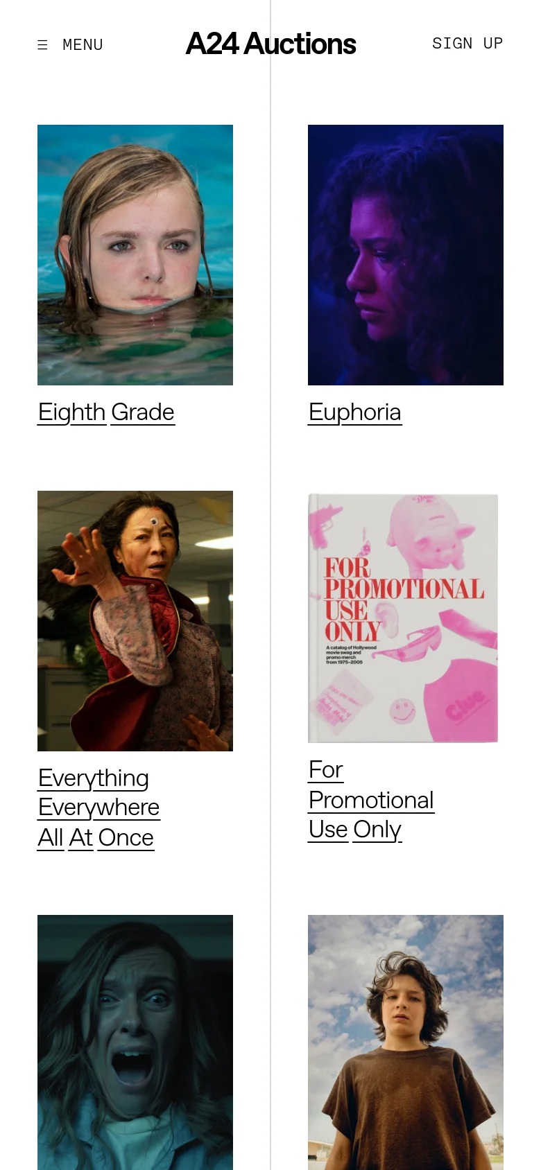 The mobile version maintains the white background and minimalist aesthetic but transitions to a single-column vertical layout. The navigation is condensed into a hamburger menu icon, and the movie title grid is stacked to fit a narrow screen.