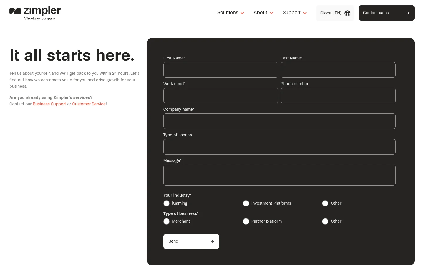 The desktop page features a clean, white background with a large headline 'It all starts here.' and a contact form positioned in a dark gray container on the right. The form includes fields for name, email, phone, company, license type, and a message, along with radio buttons for industry and business type. A white 'Send' button with an arrow is at the bottom of the form.