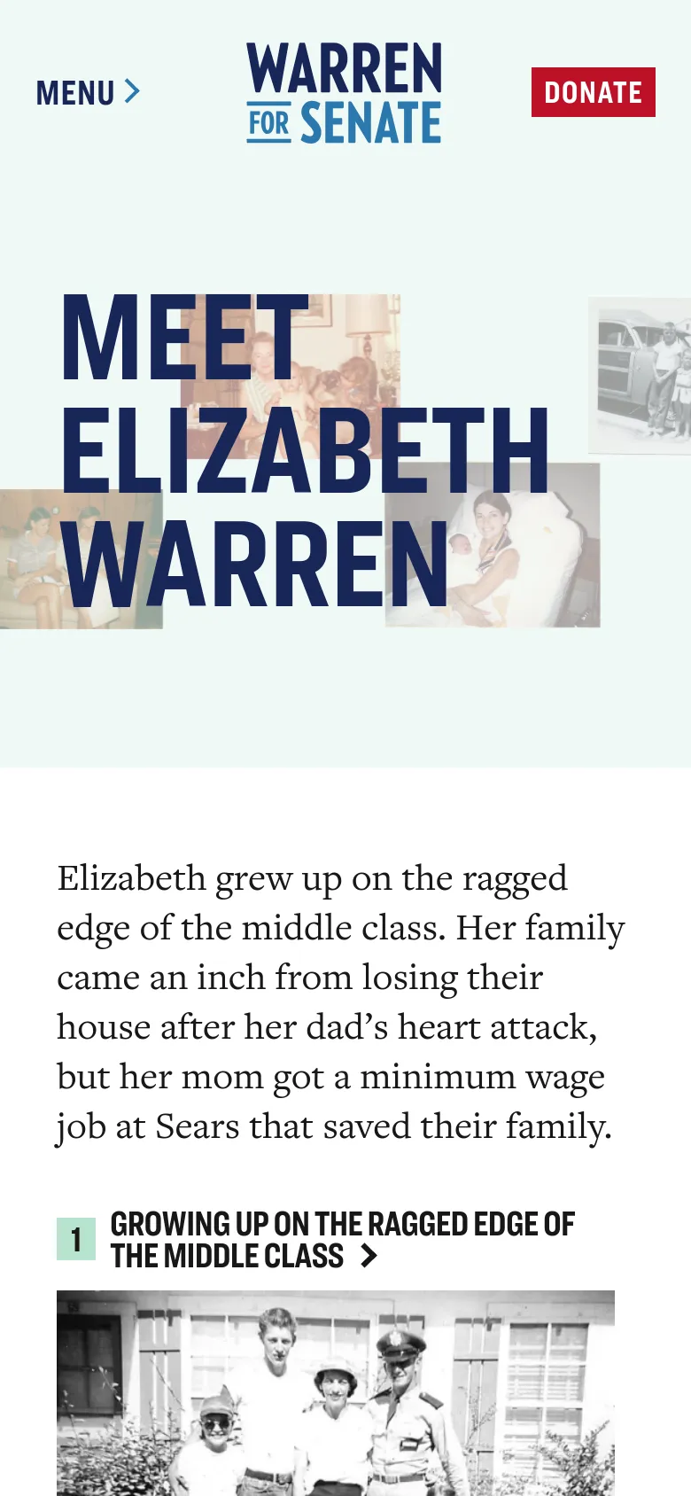 The mobile version simplifies the layout, displaying the 'Warren for Senate' logo and a red 'DONATE' button at the top, with a 'MENU' toggle. The hero section features the same large navy headline and photo collage, but the content is vertically stacked, leading directly into the biographical text and a clickable section titled 'GROWING UP ON THE RAGGED EDGE OF THE MIDDLE CLASS'.