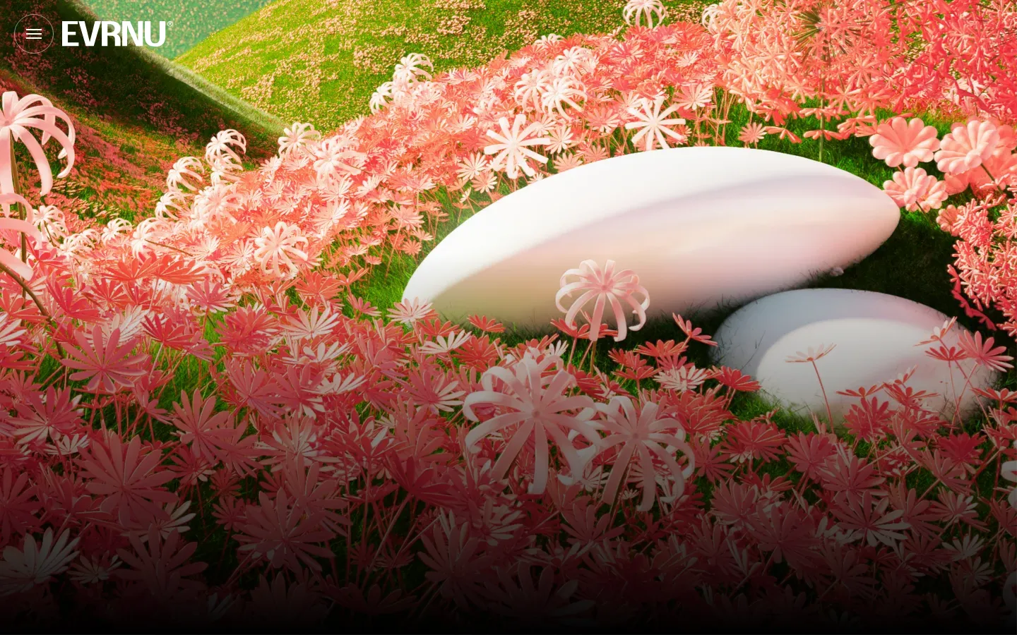 The desktop page features a large hero image of pink flowers and white stones in a green landscape, with the 'Latest' headline and a 'Featured News' section below. A grid of news cards follows, each containing an image, date, category, title, and a 'Read more' link. The layout is spacious with a clean white background for the content area.