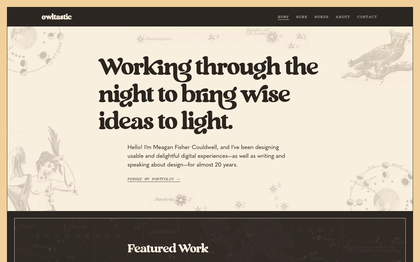Desktop view of the Owltastic homepage featuring a dark brown navigation bar with white text links. The hero section has a cream background with celestial line art illustrations and a large, bold serif headline that reads, 'Working through the night to bring wise ideas to light.' Below the headline is a brief introduction and a 'Peruse my portfolio' text link with an arrow.