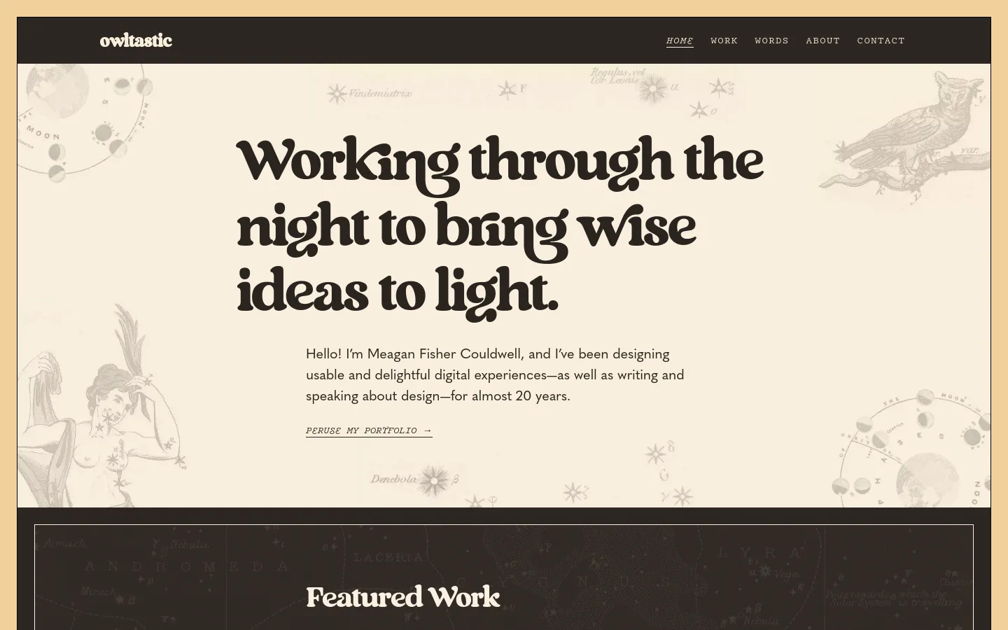 Desktop view of the Owltastic homepage featuring a dark brown navigation bar with white text links. The hero section has a cream background with celestial line art illustrations and a large, bold serif headline that reads, 'Working through the night to bring wise ideas to light.' Below the headline is a brief introduction and a 'Peruse my portfolio' text link with an arrow.