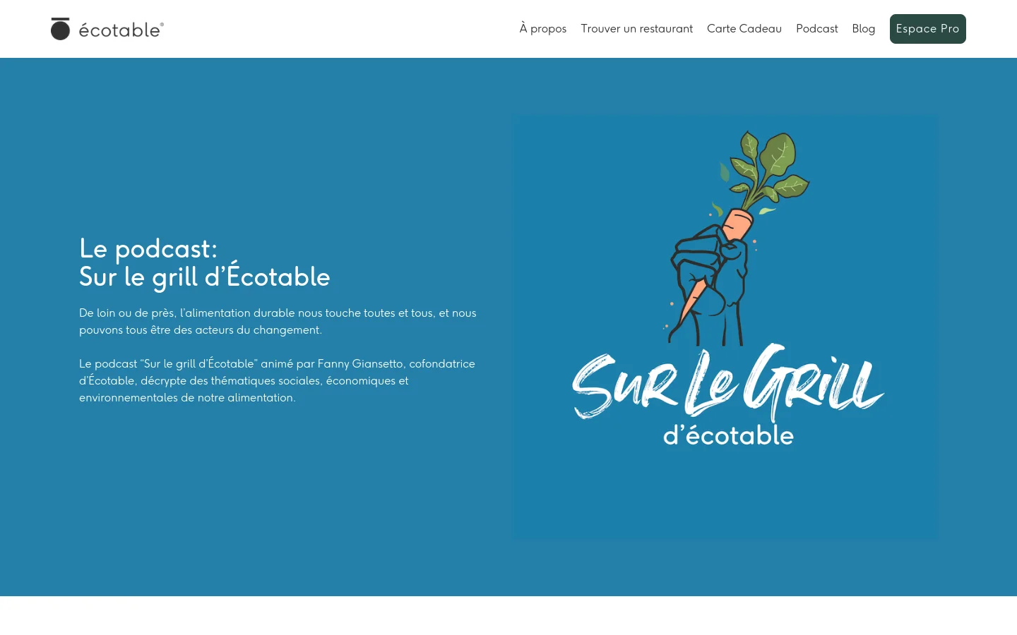 The desktop page features a teal hero section with the headline 'Le podcast: Sur le grill d’Écotable' on the left and a stylized illustration of a hand holding a carrot on the right. A white navigation bar at the top contains the Écotable logo and links like 'Trouver un restaurant' and 'Espace Pro'. Below the hero, text describes the podcast and provides clickable icons for Apple Podcasts, Spotify, and Deezer.