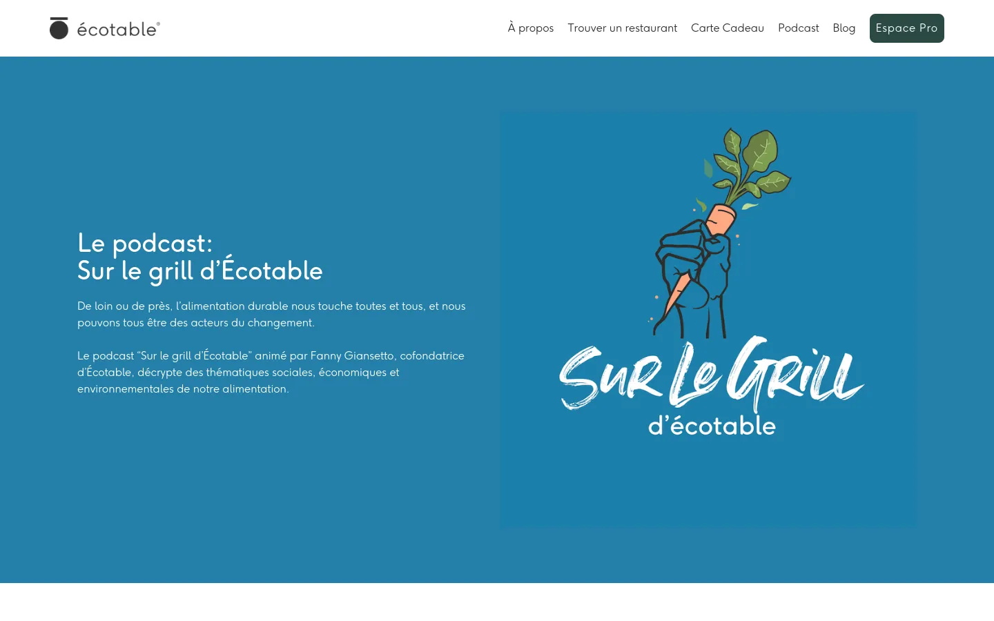 The desktop page features a teal hero section with the headline 'Le podcast: Sur le grill d’Écotable' on the left and a stylized illustration of a hand holding a carrot on the right. A white navigation bar at the top contains the Écotable logo and links like 'Trouver un restaurant' and 'Espace Pro'. Below the hero, text describes the podcast and provides clickable icons for Apple Podcasts, Spotify, and Deezer.