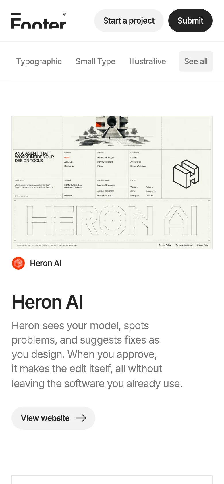 The mobile version uses a single-column vertical layout optimized for scrolling. The navigation categories are condensed, and the featured Heron AI section stacks the large preview image above the text description and the 'View website' button. The overall color scheme remains white and minimalist with dark text.
