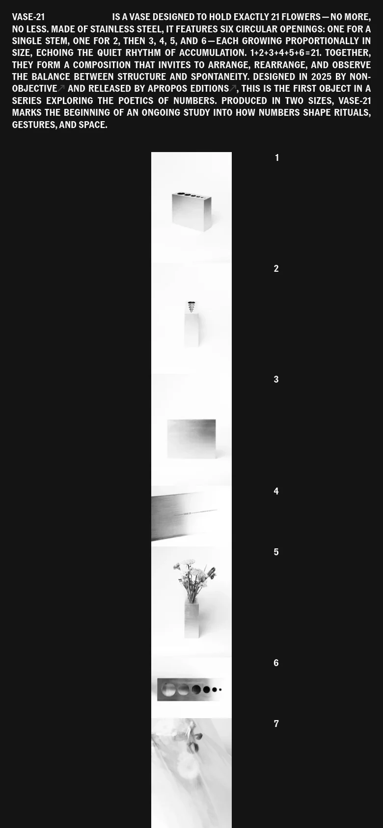 The mobile version presents a vertical scrolling layout with large, high-contrast black and white images of the vase and its details. The text is stacked vertically, and the horizontal filmstrip from the desktop view is replaced by a single-column vertical sequence of images and descriptive content.