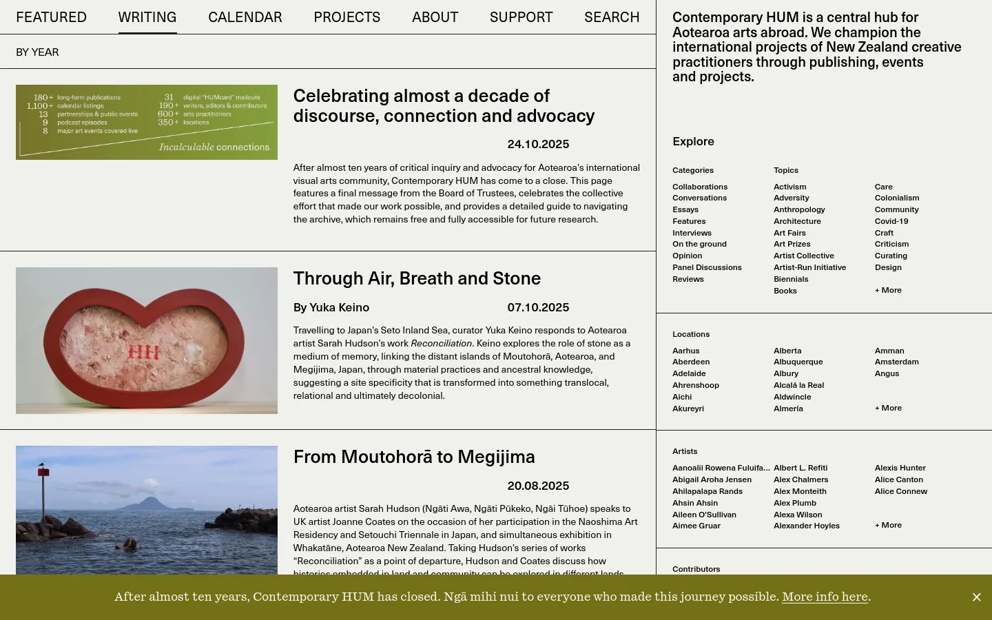 The desktop page features a minimalist design with a large 'WRITING' header and a navigation menu at the top. A prominent olive green banner displays statistics about the organization, followed by a list of articles with large headlines, dates, and descriptive text. The layout uses ample white space and clean typography.
