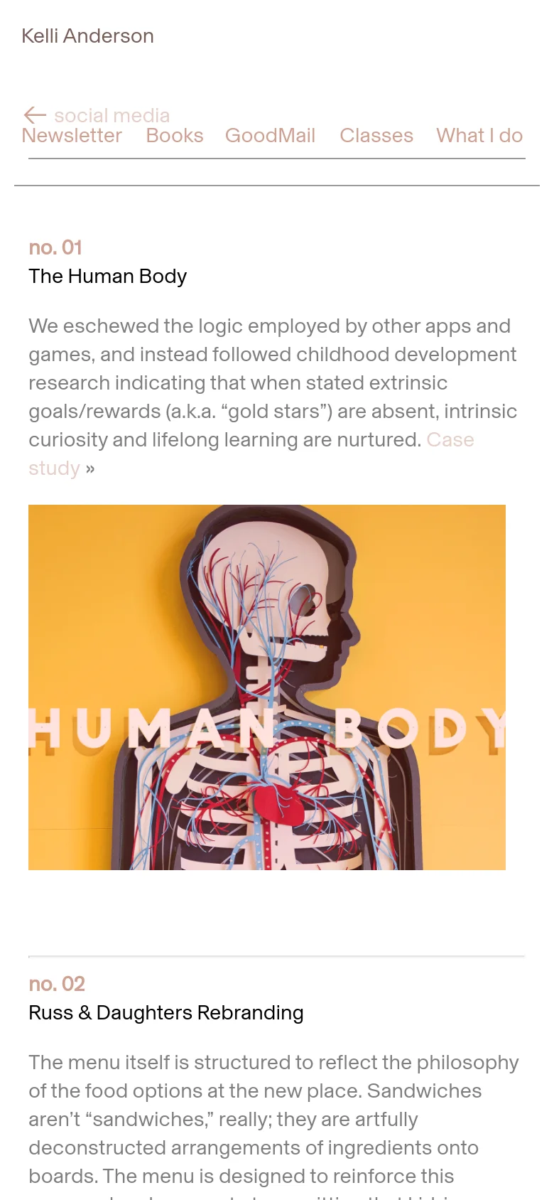 The mobile version simplifies the layout into a single vertical column, prioritizing the project content and large imagery. The sidebar navigation is replaced by a top horizontal menu with links like 'Newsletter', 'Books', and 'What I do'. The text is scaled for readability on a smaller screen, maintaining the minimalist aesthetic and high-contrast color scheme.