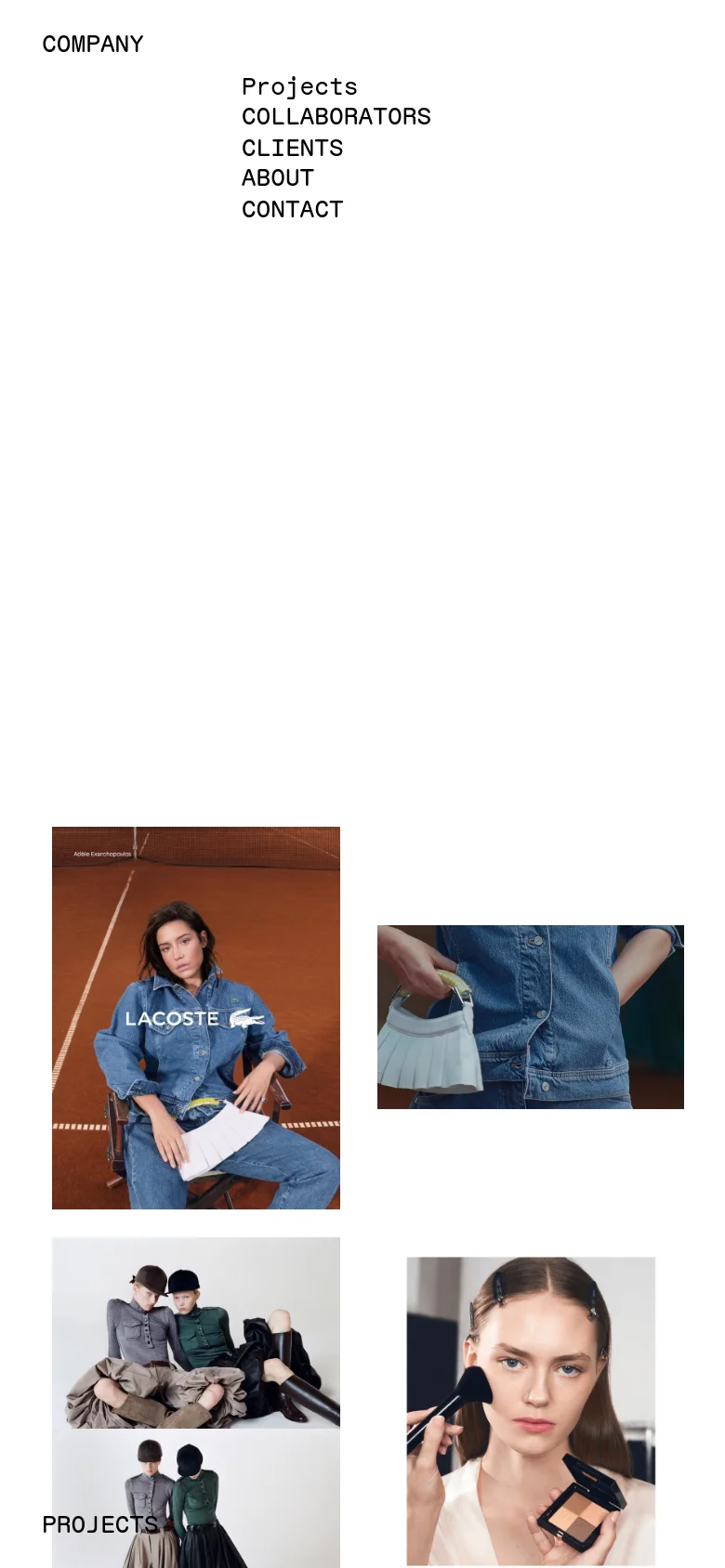 The mobile version maintains the minimalist aesthetic with the navigation menu positioned at the top. The project grid transitions from a multi-column desktop layout to a single-column vertical stack, allowing the large photographic tiles to span the width of the screen for easier scrolling.