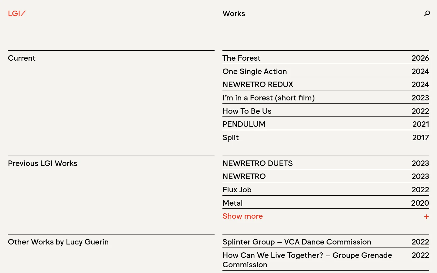 The Works page features a minimalist design with a light grey background and black text. A list of current dance works is organized into columns, showing titles like 'The Forest' and 'One Single Action' alongside their years, separated by thin horizontal lines. The layout uses a clean, typographic approach with ample white space and a red logo in the top left.