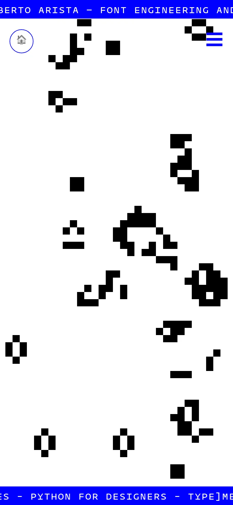 The mobile version maintains the blue border and pixelated black graphics on a white background but uses a condensed layout. The top navigation is replaced by a blue hamburger menu icon, and the text links in the footer are truncated due to the narrower screen width.