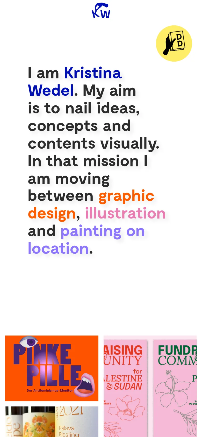 Mobile version of the portfolio homepage with a vertically stacked layout. The large, bold introductory text dominates the screen, with colorful keywords for emphasis. The navigation and logo are centered at the top, and the project grid transitions into a single-column view of large, colorful image tiles.