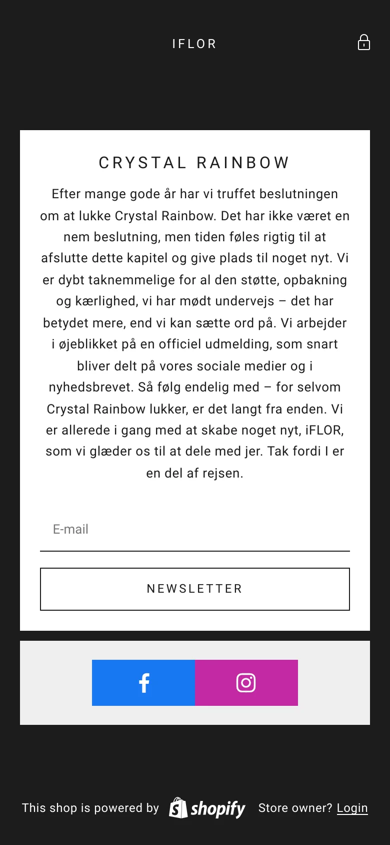 The mobile version maintains the same minimalist aesthetic with a dark background and a central white card. The layout is vertically stacked, presenting the 'CRYSTAL RAINBOW' heading, the announcement text, the email signup field, and the newsletter button, followed by large, full-width social media buttons for Facebook and Instagram.