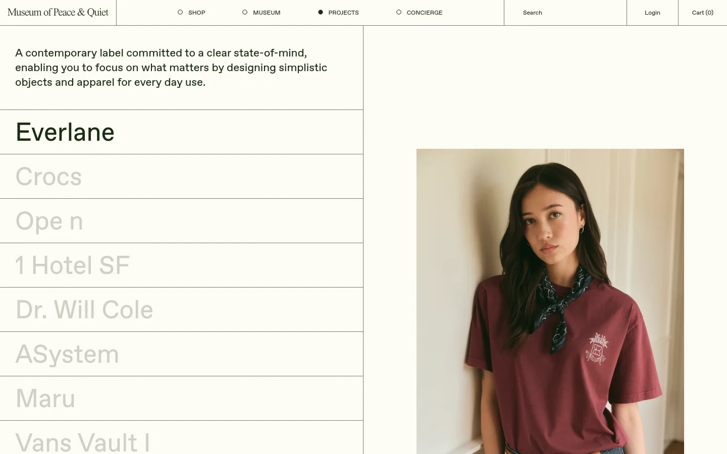 Museum of Peace & Quiet projects page featuring a minimalist editorial layout. A large serif headline introduces the brand mission, followed by a vertical list of project names like Everlane and Crocs that act as navigation anchors. The design uses a monochrome palette with ample whitespace and large-scale typography.