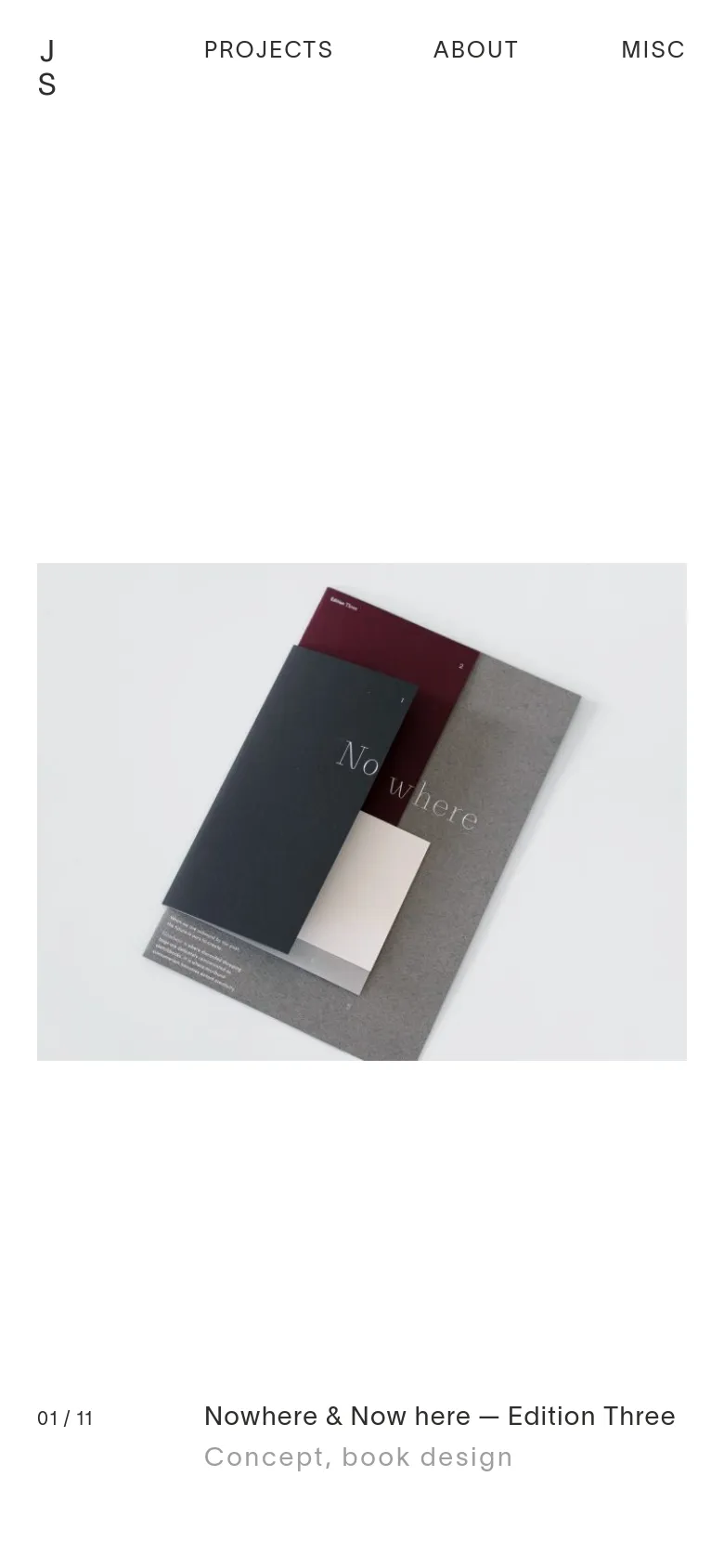 The mobile version maintains the minimalist aesthetic but utilizes a vertical stack for the content. The navigation links are spread across the top, and the hero image of the book design occupies the center of the screen with the project title and description positioned below it.