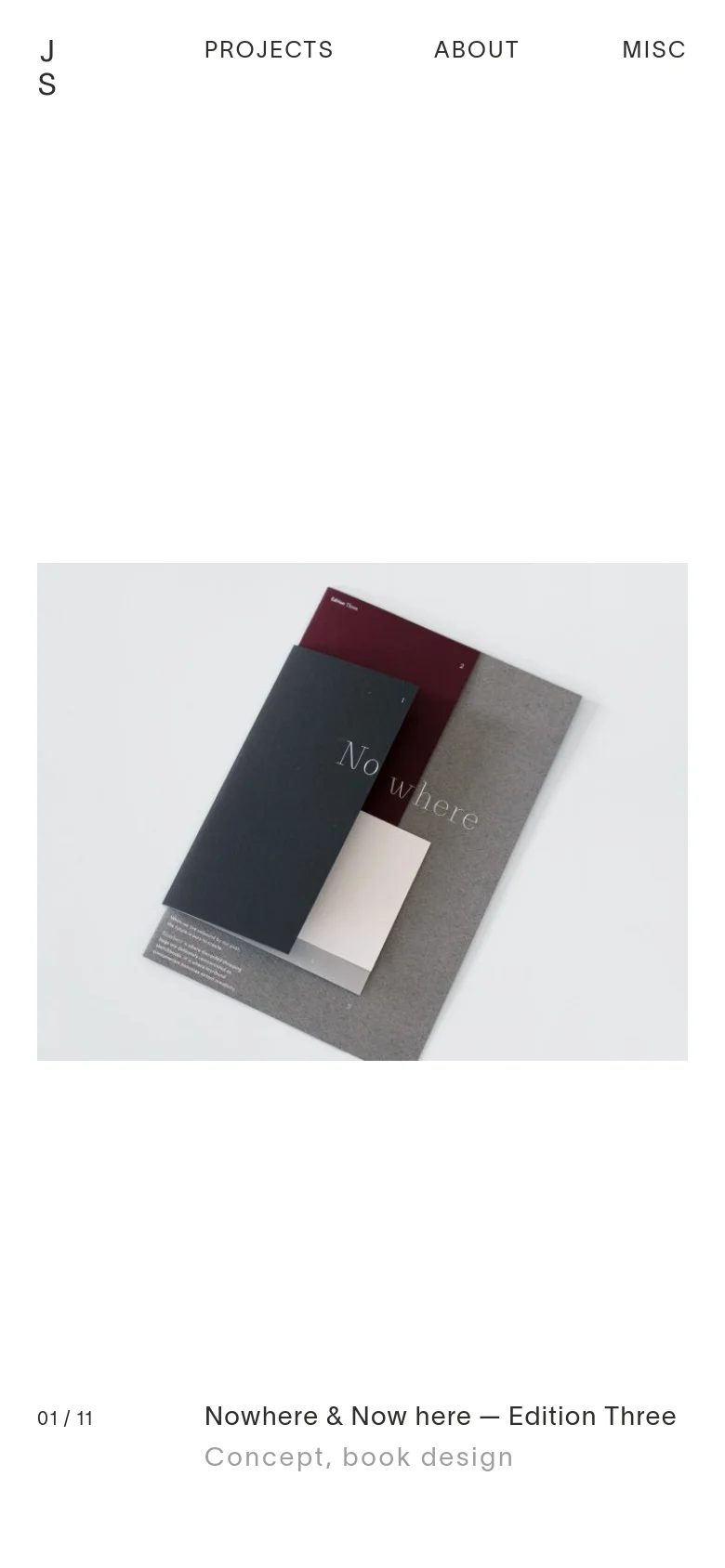 The mobile version maintains the minimalist aesthetic but utilizes a vertical stack for the content. The navigation links are spread across the top, and the hero image of the book design occupies the center of the screen with the project title and description positioned below it.