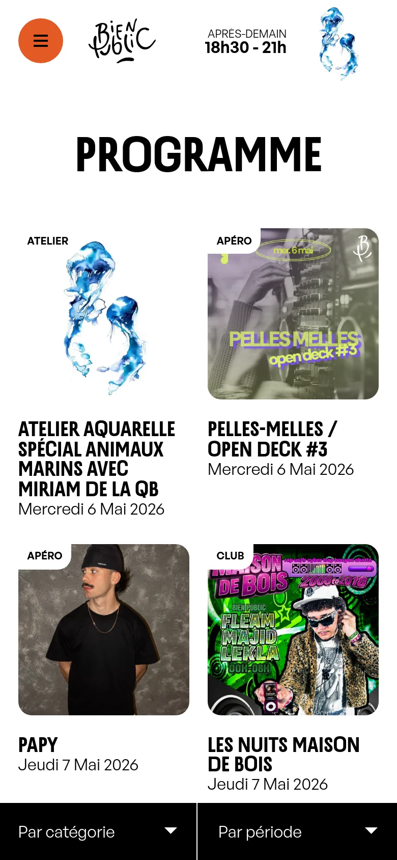 The mobile version presents a vertically stacked layout of the event cards to accommodate the narrow screen. The large 'PROGRAMME' title remains prominent, and the category and period filters are moved to a full-width black bar at the bottom of the viewport for easier access.
