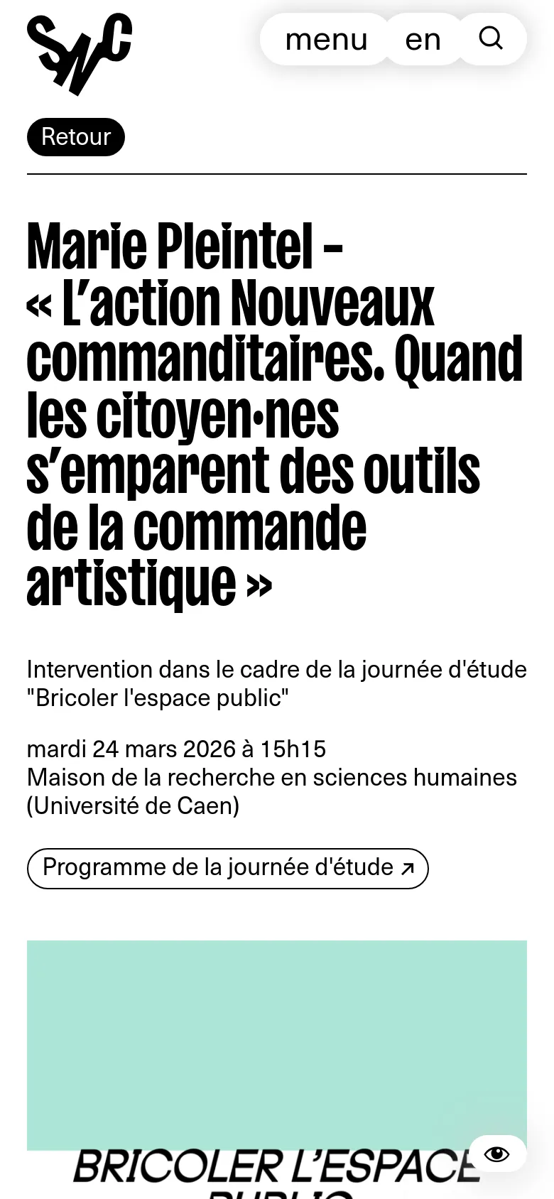 The mobile version uses a single-column vertical layout, placing the large bold headline at the top followed by the event details and a call-to-action button. The mint green graphic is positioned below the text, and the header is condensed with a hamburger menu and search icon.