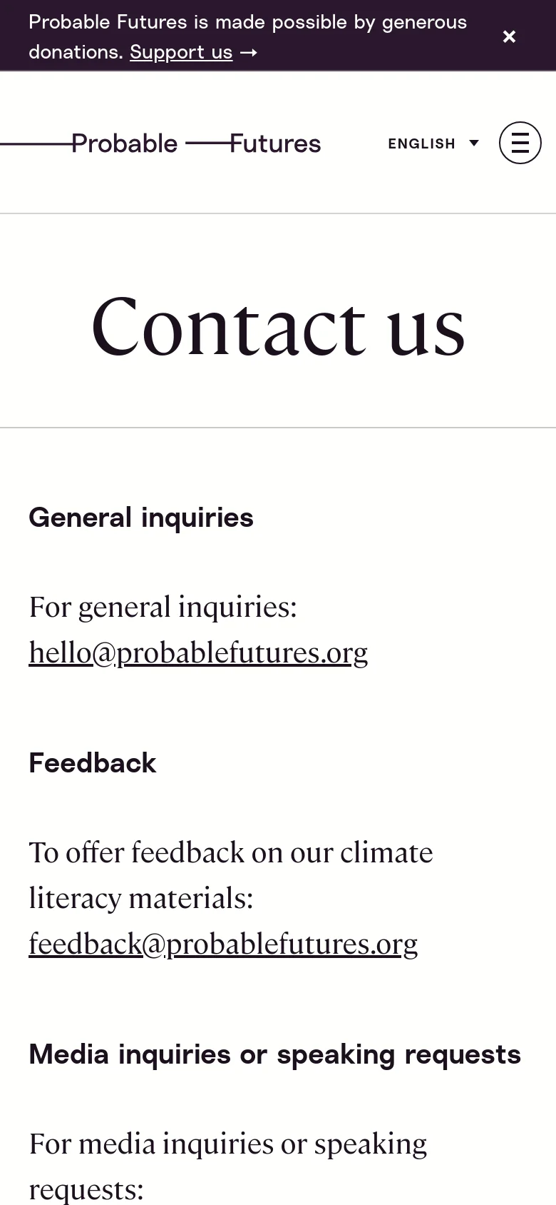 The mobile version simplifies the layout into a single vertical column with a condensed header containing a hamburger menu and an 'English' language selector. The contact information remains the primary focus, presented as large, easy-to-read text blocks with email links for general, feedback, and media inquiries.