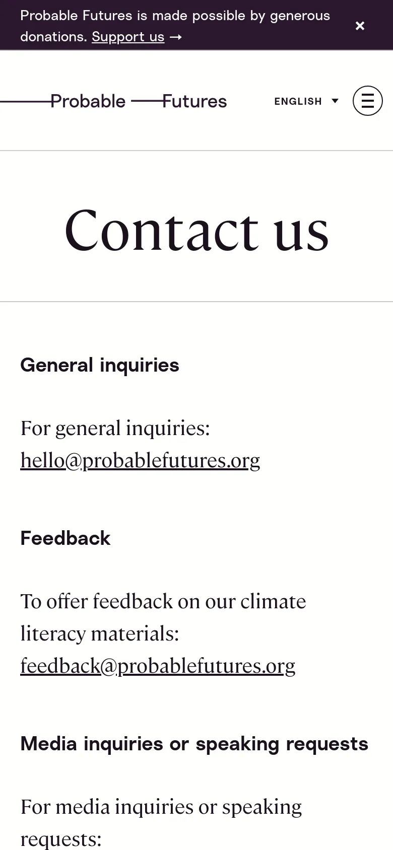 The mobile version simplifies the layout into a single vertical column with a condensed header containing a hamburger menu and an 'English' language selector. The contact information remains the primary focus, presented as large, easy-to-read text blocks with email links for general, feedback, and media inquiries.