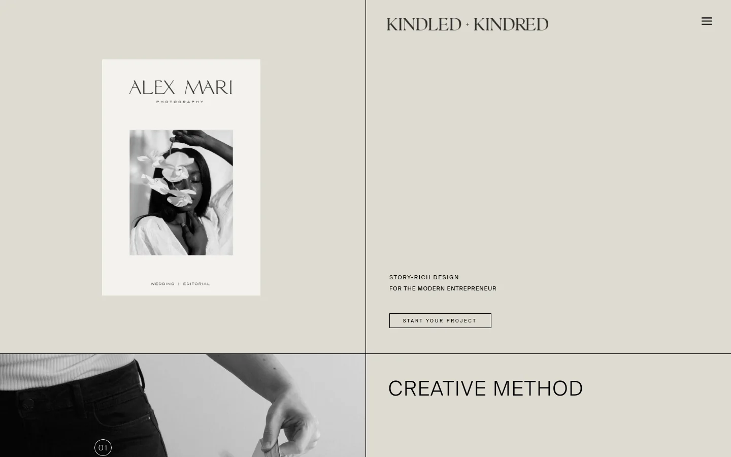 The desktop homepage features a minimalist, split-screen layout with a neutral beige background. The top section shows a large black-and-white portrait on the left and the brand name with the headline 'STORY-RICH DESIGN FOR THE MODERN ENTREPRENEUR' on the right, accompanied by a 'START YOUR PROJECT' button. Below, a large lifestyle image transitions into the 'CREATIVE METHOD' section.