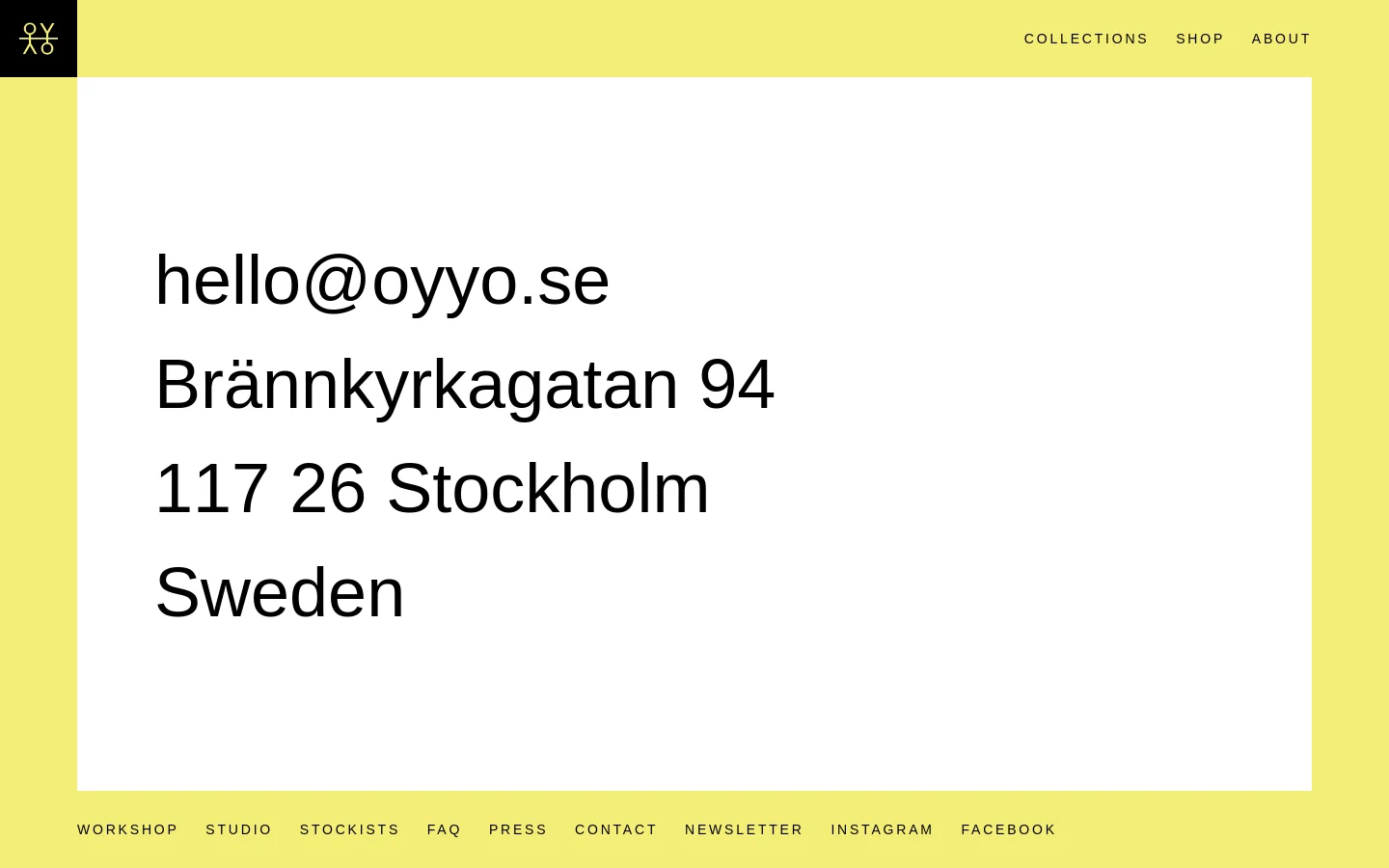 The desktop contact page features a minimalist design with a pale yellow background and a large white central content area. The contact information, including the email hello@oyyo.se and a Stockholm address, is displayed in large black sans-serif text. A navigation menu is located at the top right, and a footer with various links is at the bottom.