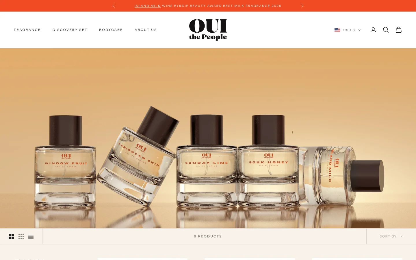 The desktop version of the 'Shop All' page features a large hero image of several glass perfume bottles against a warm tan background. Below the hero image, a product grid displays items like Caribbean Skin and Souk Honey with prices and ratings, accompanied by a top navigation bar and filter/sort options.
