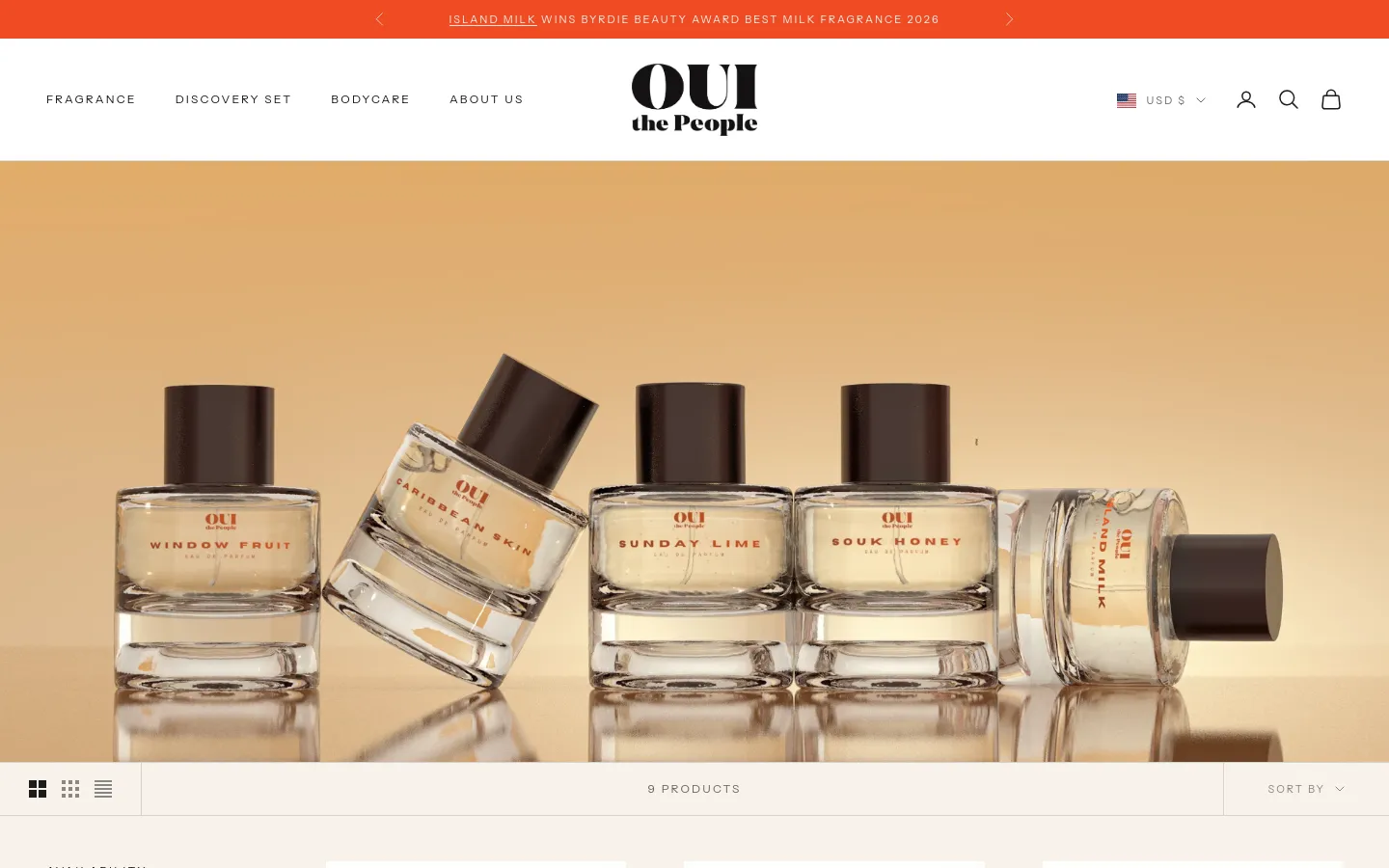 The desktop version of the 'Shop All' page features a large hero image of several glass perfume bottles against a warm tan background. Below the hero image, a product grid displays items like Caribbean Skin and Souk Honey with prices and ratings, accompanied by a top navigation bar and filter/sort options.