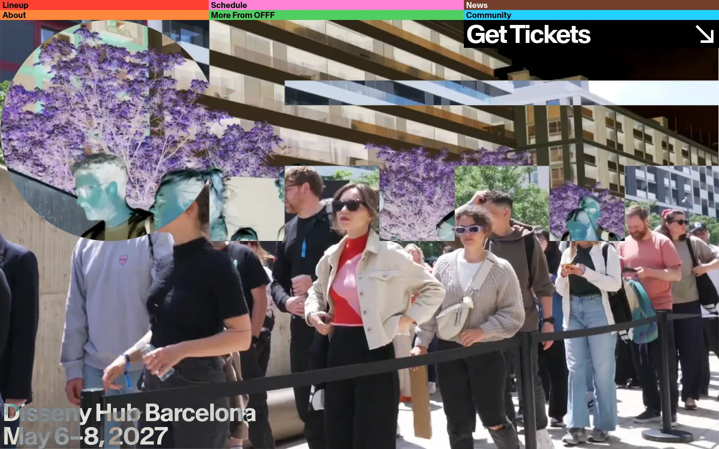 The desktop homepage features a large hero image of a crowd at Disseny Hub Barcelona with the festival dates May 6–8, 2027. A colorful navigation bar at the top contains links like Lineup and Schedule, while a prominent 'Get Tickets' call to action sits on the right. Below the hero, a grid displays numbered speakers or agencies such as Koto and Tomorrow Bureau with 'Start Now' buttons.