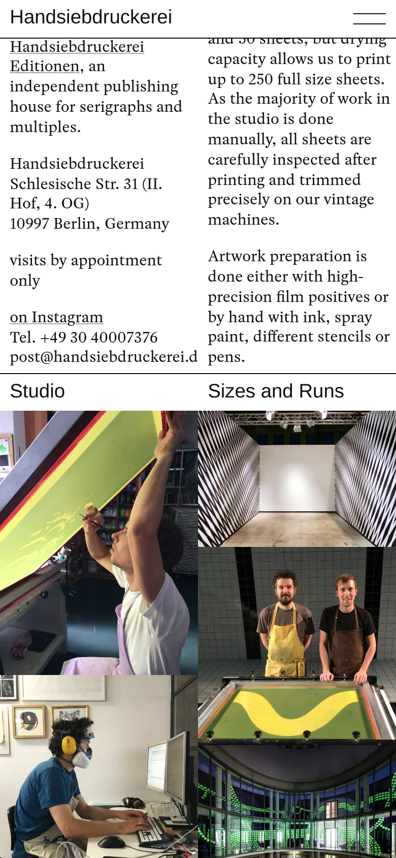 The mobile version uses a single-column layout with a simplified top navigation menu. The contact information and introductory text are stacked vertically, followed by a vertical grid of large images that represent different studio services and materials, maintaining the clean aesthetic of the desktop site.