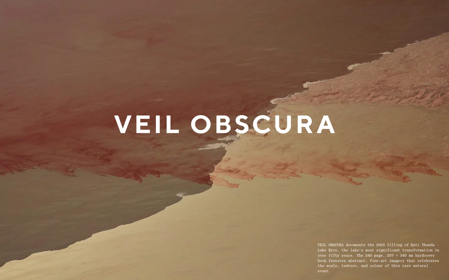 The desktop homepage features a large hero image of abstract, earthy-toned landscape textures with the title 'VEIL OBSCURA' centered in white. Below the hero, a clean layout includes a description of a fine-art coffee table book, a 'Purchase' call to action, and a gallery of large, high-resolution imagery showcasing book spreads and covers. The color palette is dominated by warm ochre, terracotta, and sand tones.