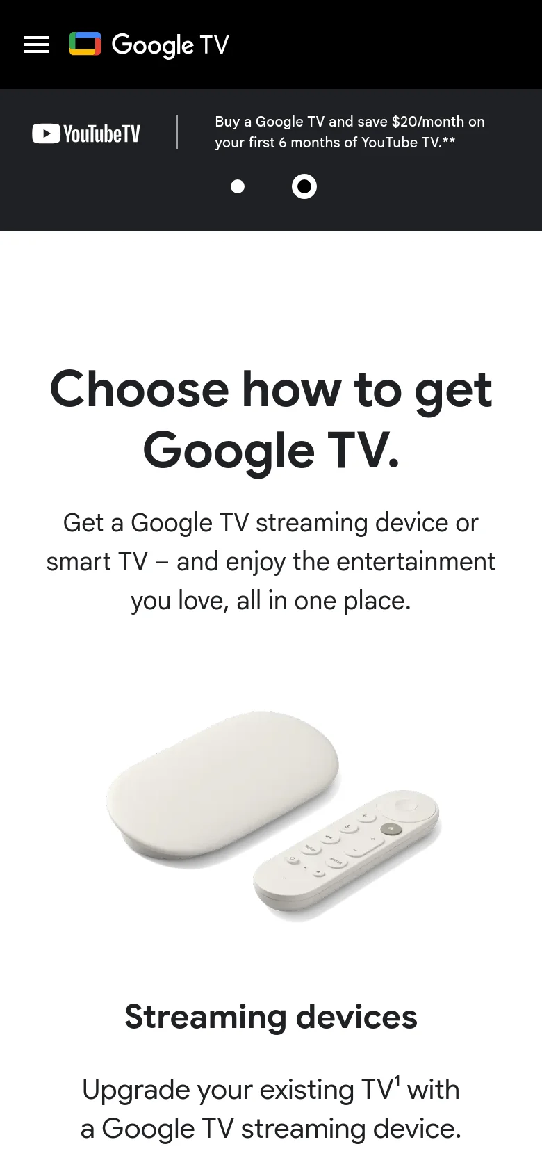 The mobile version uses a single-column vertical layout, stacking the headline, subtext, and product images. The large side-by-side images from the desktop view are replaced by a single centered image of the white streaming device and remote. A hamburger menu icon is used for navigation in the black header bar.