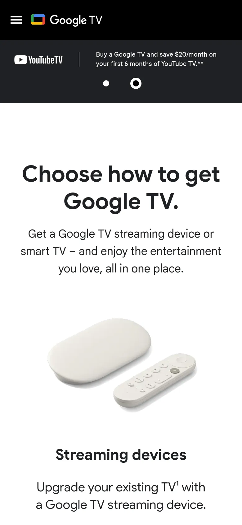 The mobile version uses a single-column vertical layout, stacking the headline, subtext, and product images. The large side-by-side images from the desktop view are replaced by a single centered image of the white streaming device and remote. A hamburger menu icon is used for navigation in the black header bar.