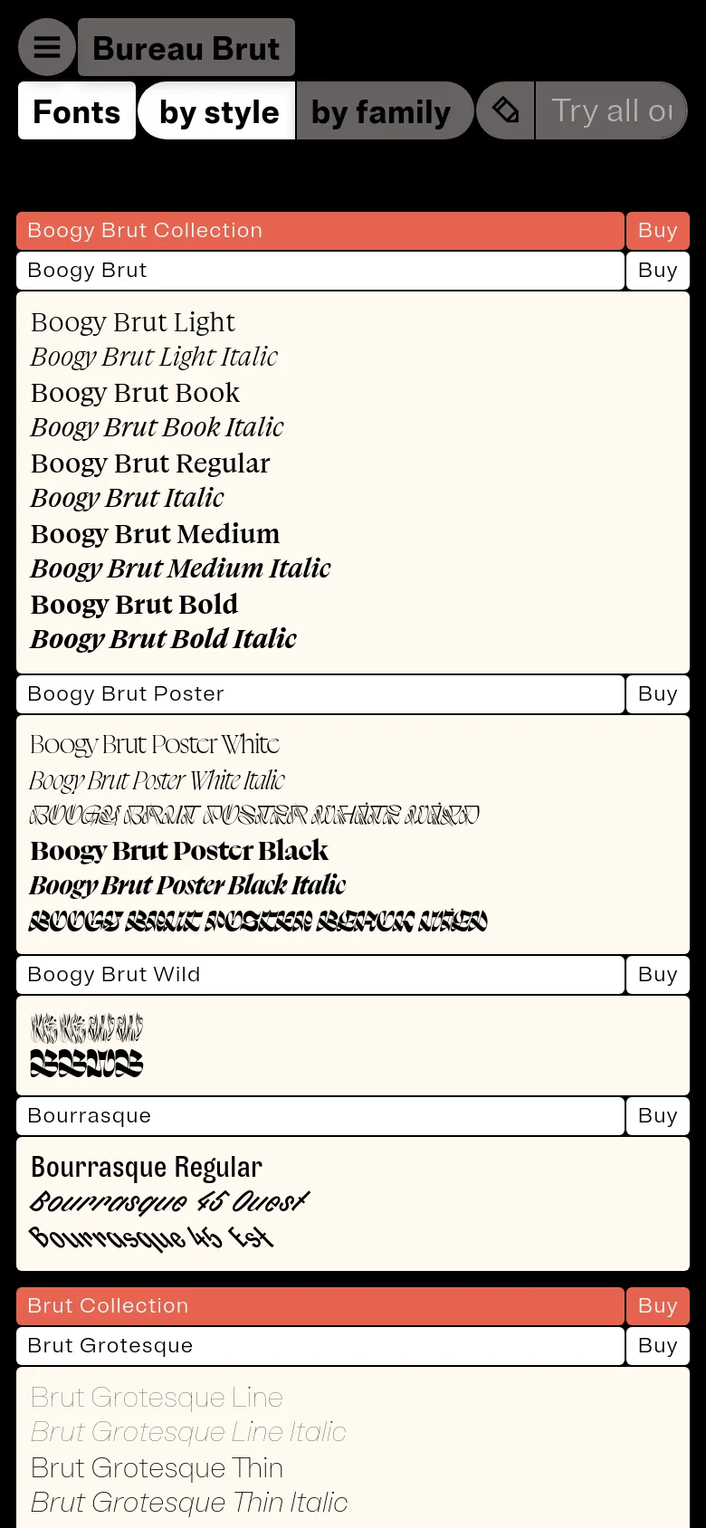 The mobile version presents a simplified, single-column vertical layout optimized for scrolling. The header features large buttons for 'Fonts', 'by style', and 'by family', followed by stacked sections for each font collection, displaying the font name, a preview of its styles, and a prominent 'Buy' button for each group.