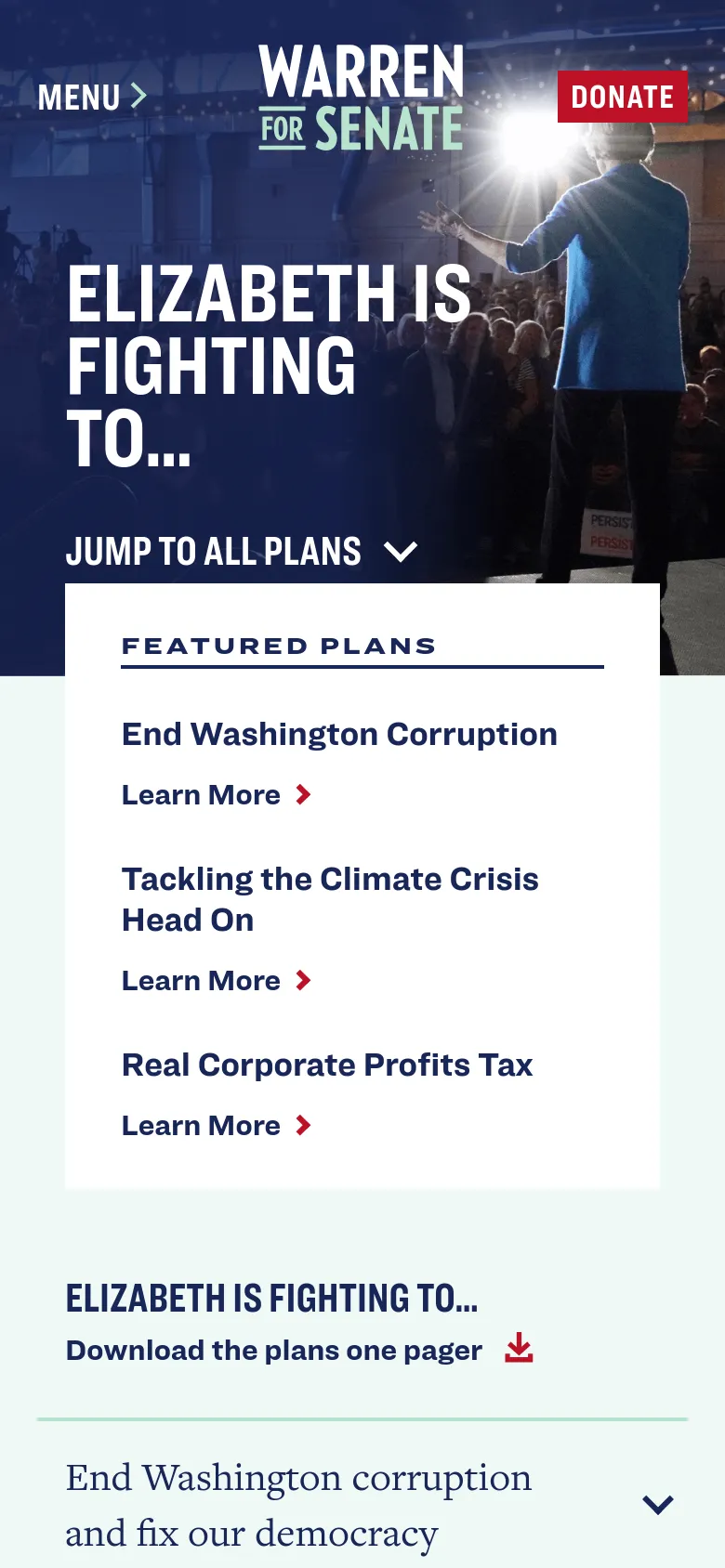 The mobile version presents a vertically stacked layout starting with a hero image of Elizabeth Warren and the same bold headline. The 'Featured Plans' section is contained within a white card that spans the width of the screen, followed by a download link for a one-pager. The navigation is condensed into a 'MENU' button, and the red 'DONATE' button remains highly visible at the top.