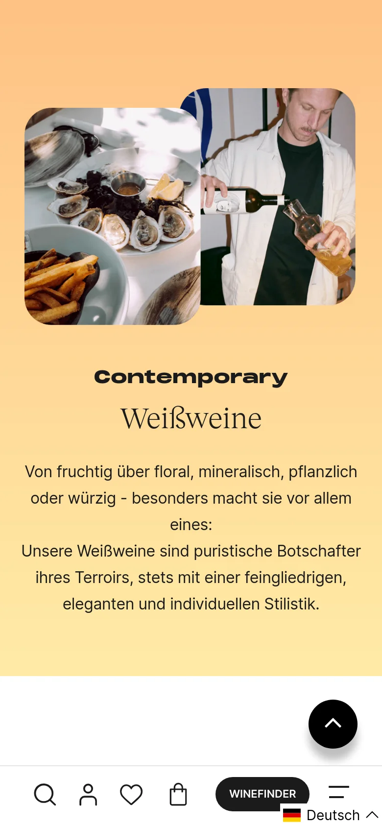 The mobile version presents a vertically stacked layout with the peach hero section at the top, featuring the headline, text, and large overlapping food and wine imagery. The filter options are not visible in this view, and a bottom navigation bar includes icons for search, profile, favorites, shopping bag, a 'Winefinder' button, and a language selector.
