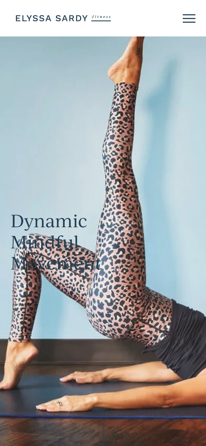 The mobile version presents a vertically oriented hero image of the woman in a yoga pose, filling most of the screen. The text 'Dynamic Mindful Movement' is centered over the image, and the navigation is condensed into a hamburger menu at the top right. The overall color palette remains light blue, black, and white, optimized for a narrow portrait view.