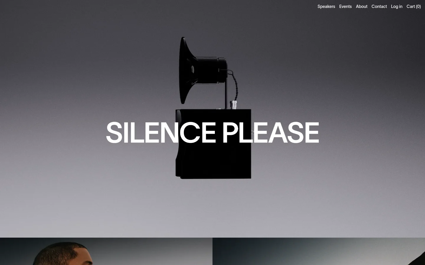 The desktop homepage features a minimalist dark gray gradient background with a large central image of a black sculptural speaker. The white text 'SILENCE PLEASE' is layered over the speaker, and a navigation menu with links like Speakers, Events, and About is positioned in the top right corner.