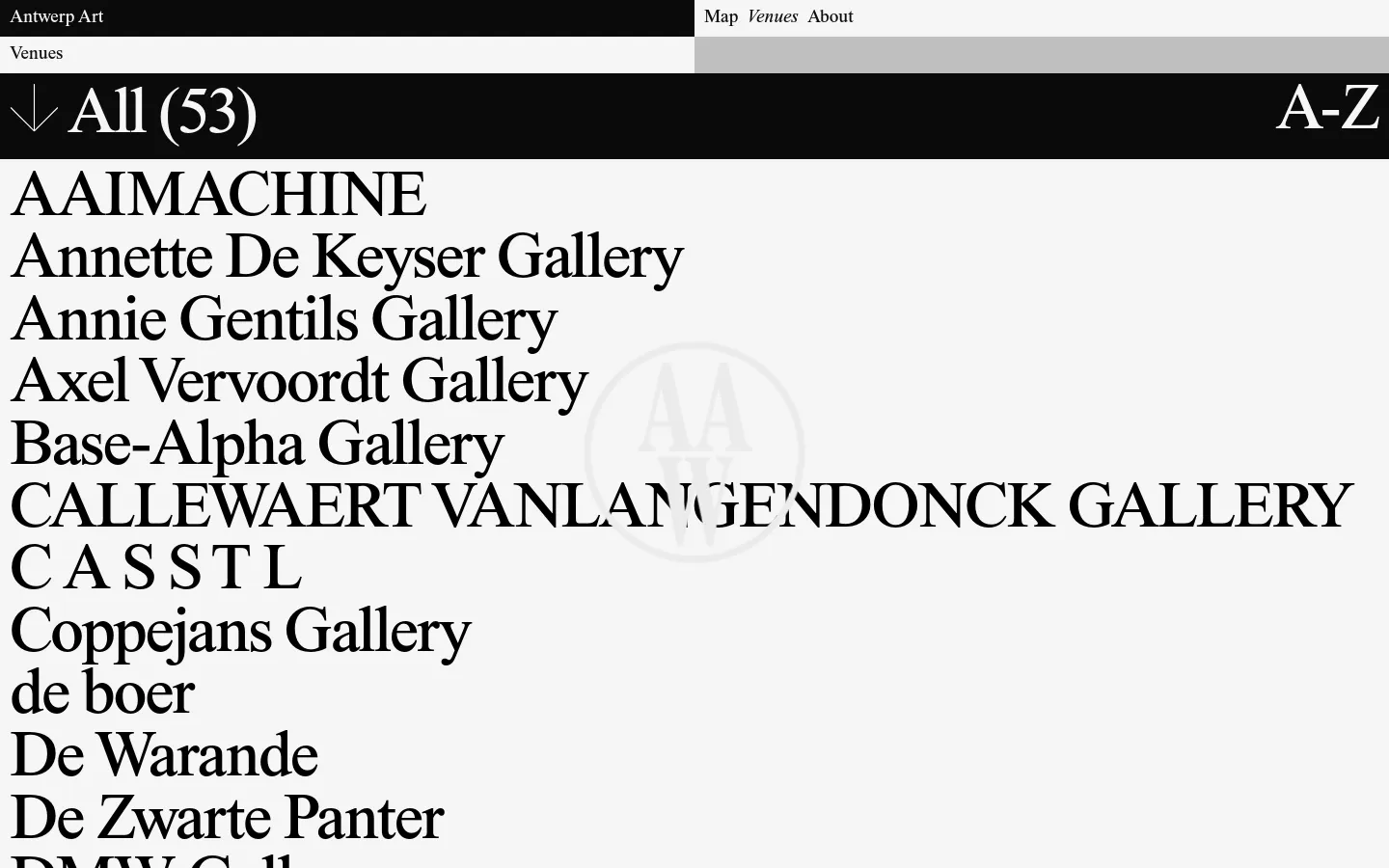 The Venues page features a minimalist design with a black header containing the Antwerp Art logo and navigation links. Below, a large black banner displays 'All (53)' with a downward arrow and an 'A-Z' sort option. The main content is a long, vertically scrolling list of art venue names in a large, black serif typeface against a light grey background.