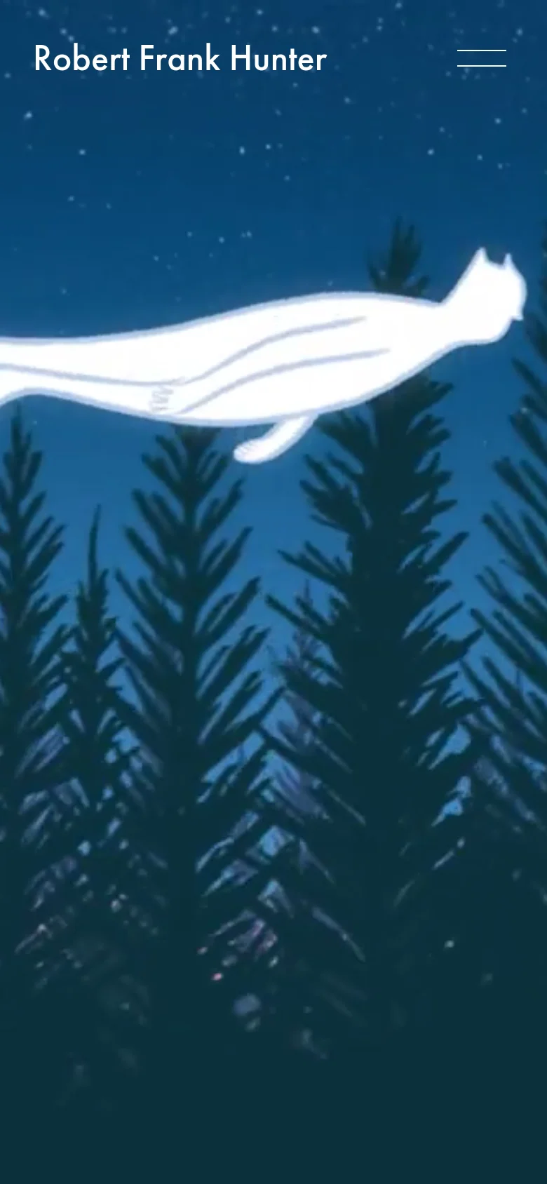 The mobile version presents a simplified layout with the name 'Robert Frank Hunter' and a hamburger menu icon at the top. The hero image is a vertical, full-screen illustration of a white, glowing creature flying over a dark blue pine forest under a starry night sky.