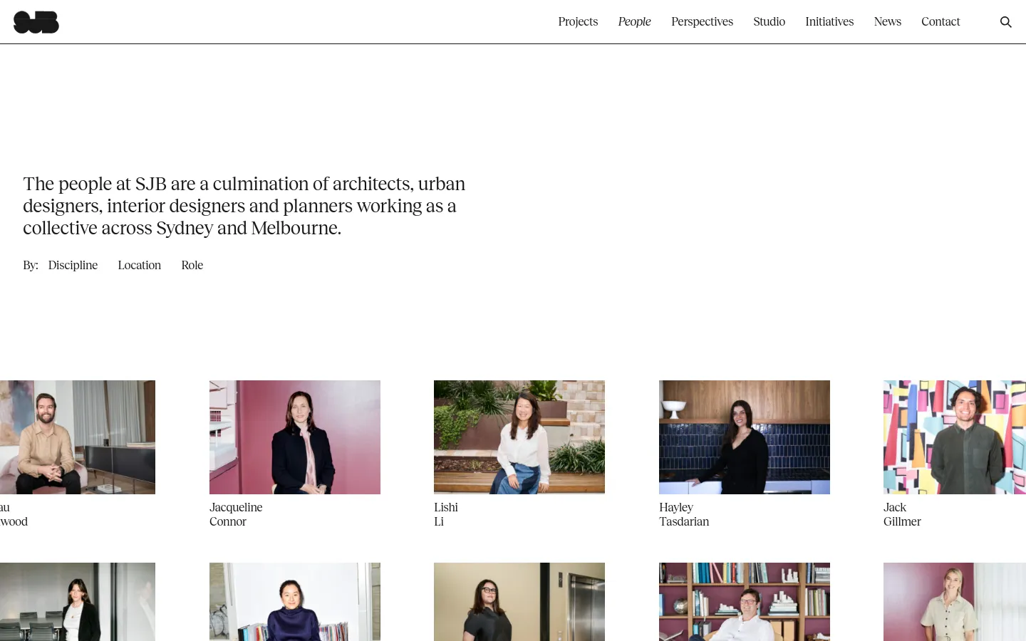 The desktop page features a clean, minimalist layout with a large serif headline introducing the SJB team. Below the headline, a filter menu allows users to sort by Discipline, Location, or Role, followed by a grid of professional portrait photographs of team members with their names underneath. The navigation menu is located at the top right, and the overall color palette is neutral with black text on a white background.