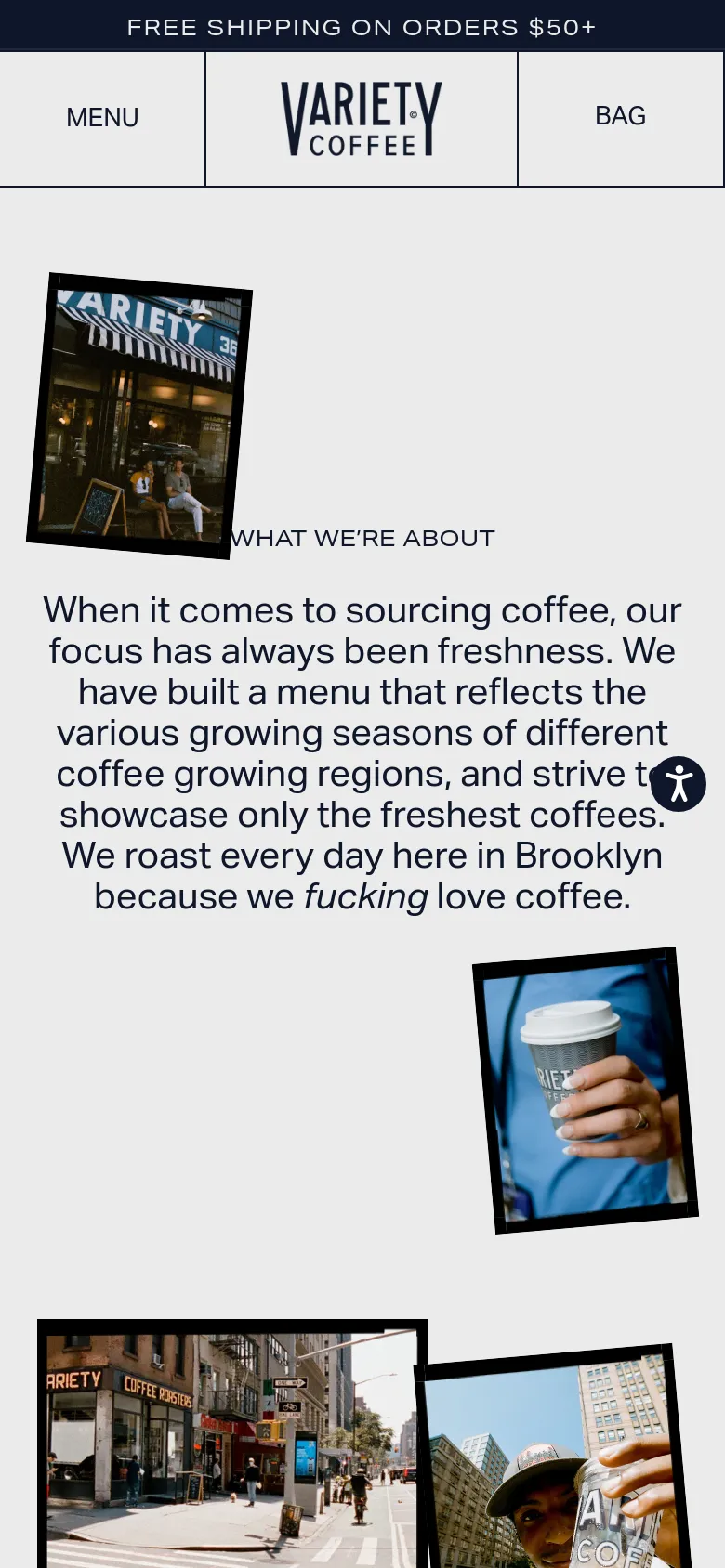 Variety Coffee About page on mobile with a single-column stacked layout. The large typography and headline reflow vertically, with Polaroid-style images of cafe locations and coffee drinks appearing in a continuous vertical scroll.