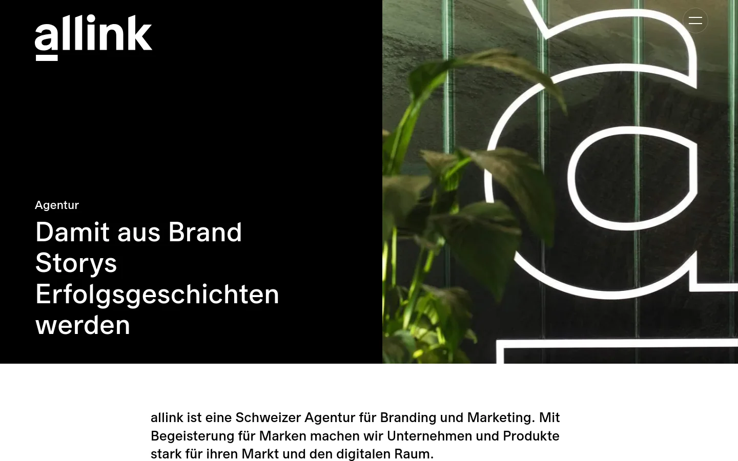 The desktop page features a split-screen hero section with the allink logo and headline 'Damit aus Brand Storys Erfolgsgeschichten werden' on a black background, paired with a high-contrast image of a plant and neon signage. Below, a clean white section contains text describing the agency's history and mission. Further down, service areas like Brand Design and Packaging Design are presented in a grid layout with illustrative icons and 'Mehr erfahren' call-to-action links.