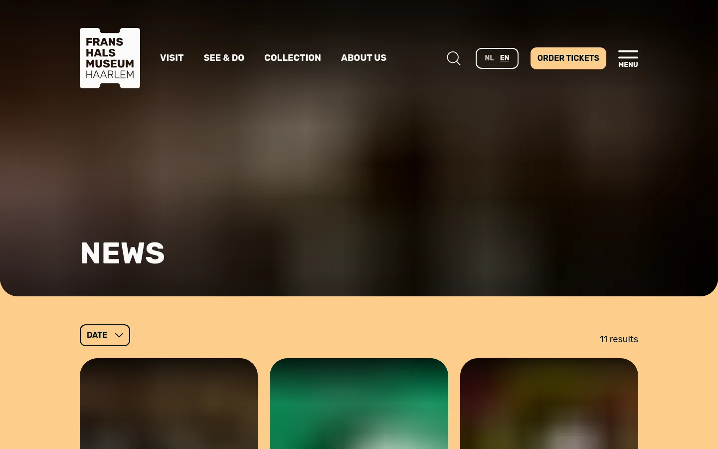 The News page features a large, dark hero section with the title 'NEWS' in bold white text over a blurred background. Below, a light peach-colored content area displays a news feed with a 'Date' filter dropdown and a count of 11 results. News items are presented as large image cards with dates and headlines underneath.