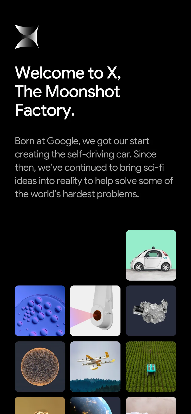 The mobile version presents a vertically stacked layout on a black background, starting with the X logo and the main headline and description. Below the text, the project tiles are arranged in a single-column grid, making the imagery larger and easier to scroll through on a smaller screen.
