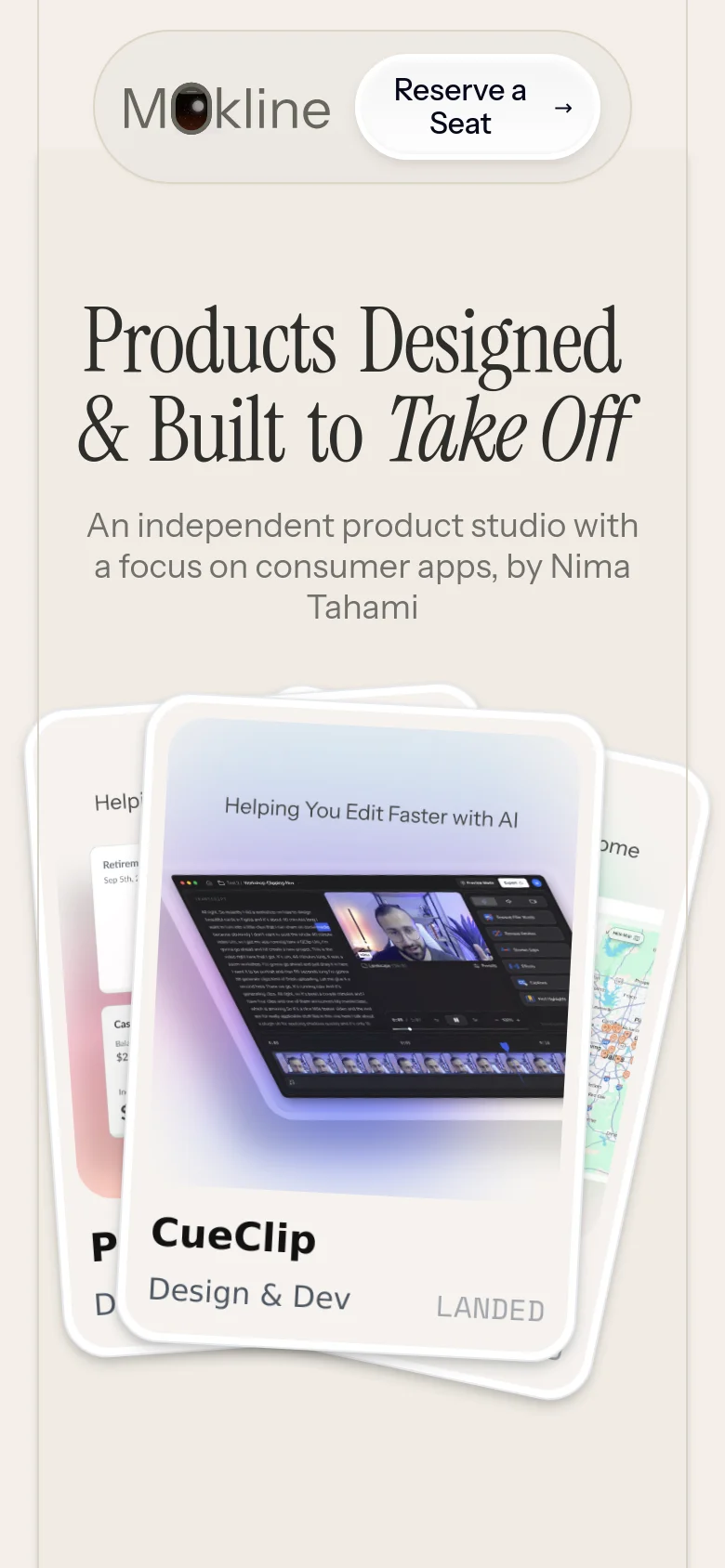 Mobile version of the Mokline homepage with a vertically stacked layout. The hero section features the main headline and subtext centered above a large, prominent stack of app preview cards, with a simplified navigation bar at the top containing the logo and a 'Reserve a Seat' button.